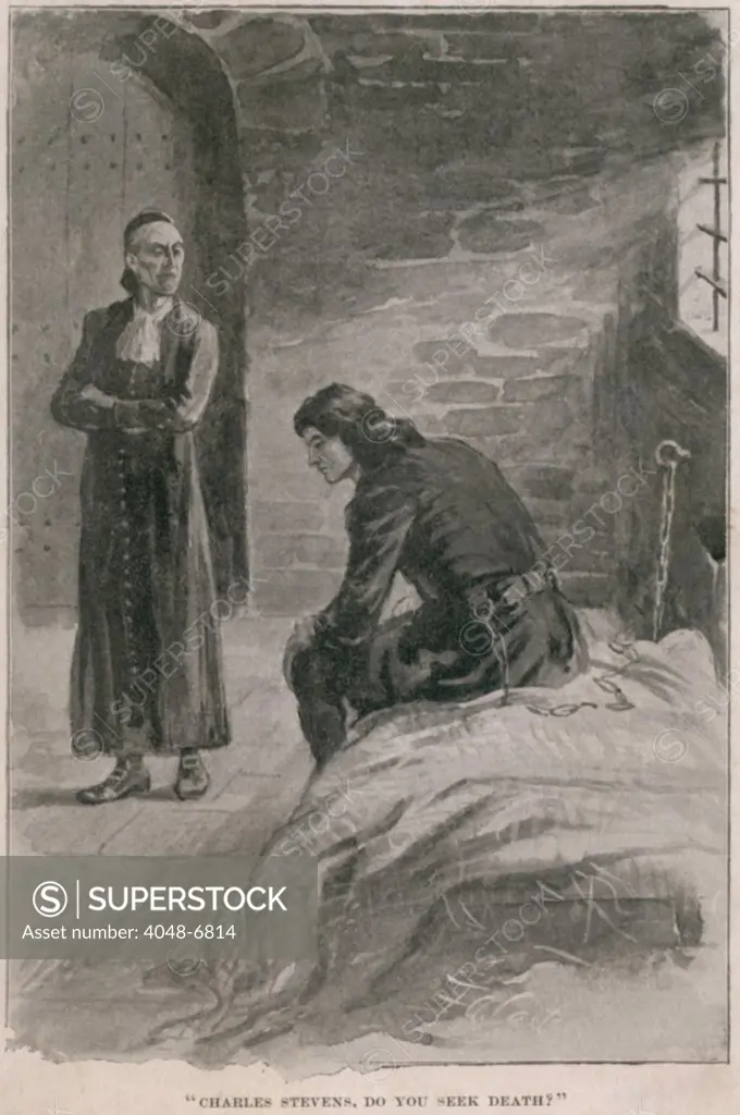 Rev. Samuel Parris, was the most notorious villain in Salem Witch Trials of 1692. An Illustration shows him shortly before his fall, interrogating a prisoner, Charles Stevens, he was conspiring to frame for murder. Ca. 1692.