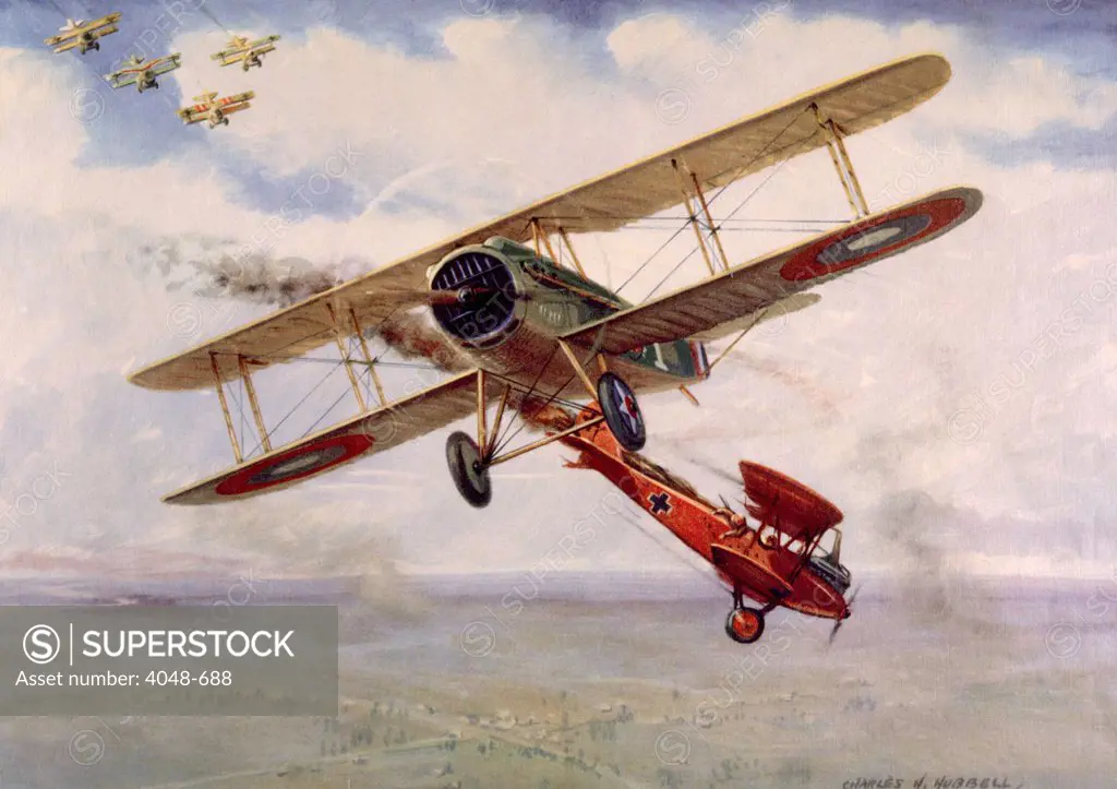 World War I air battle with American Spad 13 piloted by Captain Eddie Rickenbacker downing a German L.V.G. biplane, painting by Charles H. Hubbell, ca. 1917