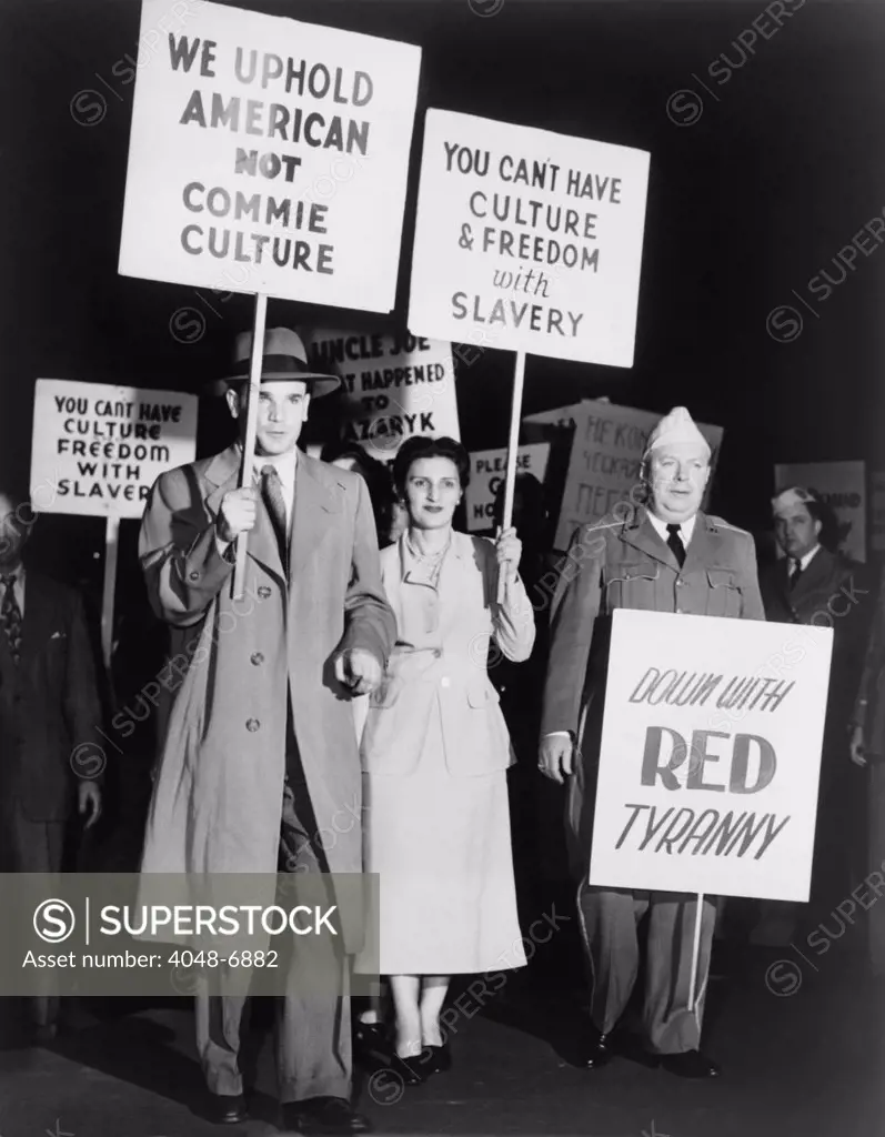 Soviet defector, Peter Piragov (1920-1987), in a anti-communist protest march outside Madison Square Garden on March 27, 1949. On October 20, 1948, the Soviet air force lieutenant deserted in a two engine bomber, flew from Ukraine and crash-landed near U.S. Occupation forces in Linz, Austria.