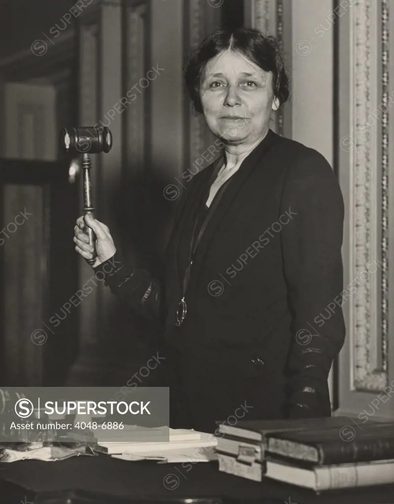 Senator Hattie W. Caraway, Democrat of Arkansas, presides over Senate on May 10, 1932. In 1932 she won a special election to serve out the term of her deceased husband. Later, she won in the regular election in 1932, she became the first woman to be elected to the Senate in her own right.
