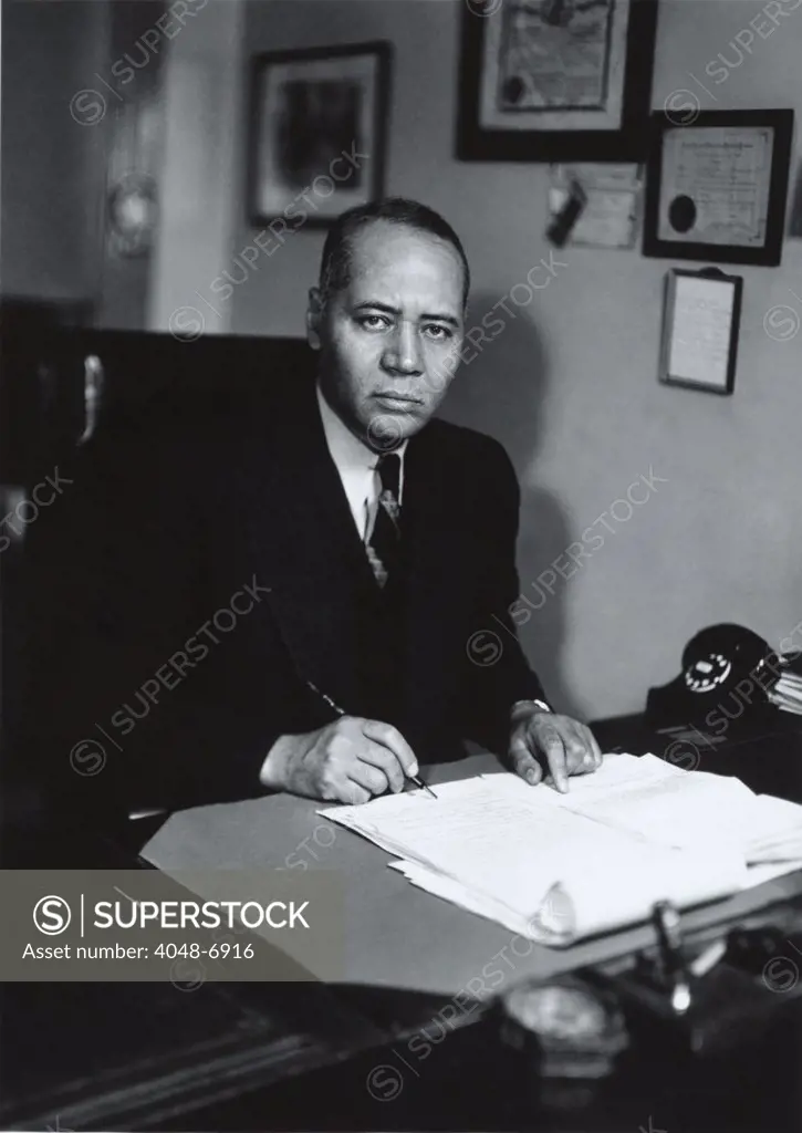Charles H. Houston (1895-1950), lawyer and Howard University legal scholar, was the mastermind behind the NAACP's strategy to overturn the 1896 Supreme Court decision, Plessy vs. Ferguson, that legitimized segregation. 1939 photo.