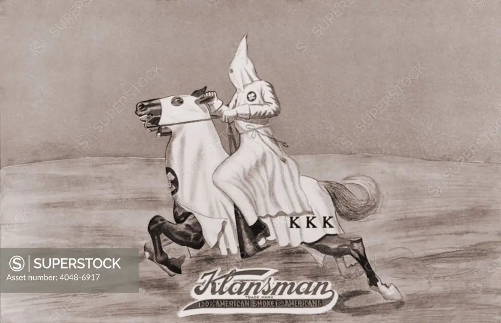 1923 tobacco label for Klansman All-American Cigar Co., Dallas, Texas, showing Klansman on horseback. The second Ku Klux Klan flourished nationwide in the 1920 adopted the costumes and paraphernalia of the first Klan but expanded its anti-black ideology with a new anti-immigrant, anti-Catholic, prohibitionist, and anti-Semitic agenda.