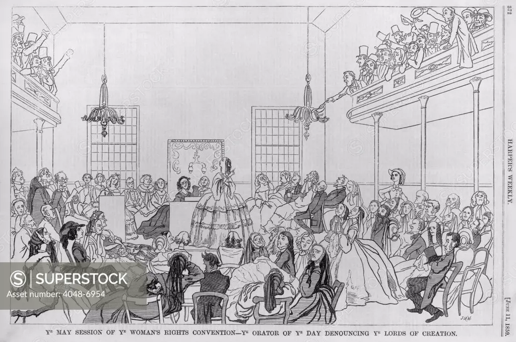 1859 print satirizing the 9th Women Rights Convention in New York City with the 'Ye May session of ye woman's rights convention - ye orator of ye day denouncing ye lords of creation'. The unruly crowd drowned out the speeches of Antoinette Brown Blackwell, Caroline Dall, Lucretia Mott and Ernestine Rose. Harper's weekly, June 11, 1859.