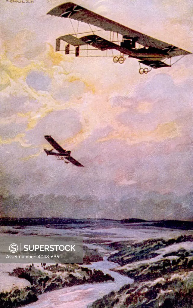 World War I, German biplane on reconnaissance over the Argonne Forest, painting by Hans Rudolf Schulze