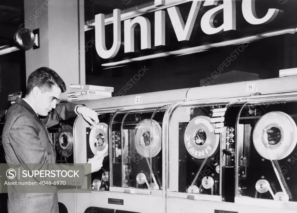 Univac was the first computer designed for commercial use and 46 were built and installed in the 1950s. Designed by J. Presper Eckert and John Mauchly and the name UNIVAC was shortened from Universal Automatic Computer. 1959 photo.