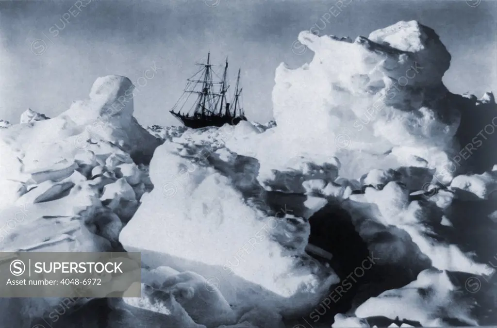Polar explorer, Ernest Shackleton's ship, ENDURANCE, trapped in Weddell Sea pack ice in Antarctica in 1916. The British Imperial Trans-Antarctic Expedition, lead by Shacketon from 1914-17, failed to meet its goal of completing a coast to coast crossing of the frozen continent, but was none the less heroic for surviving without losing any of the stranded 22 crew members.