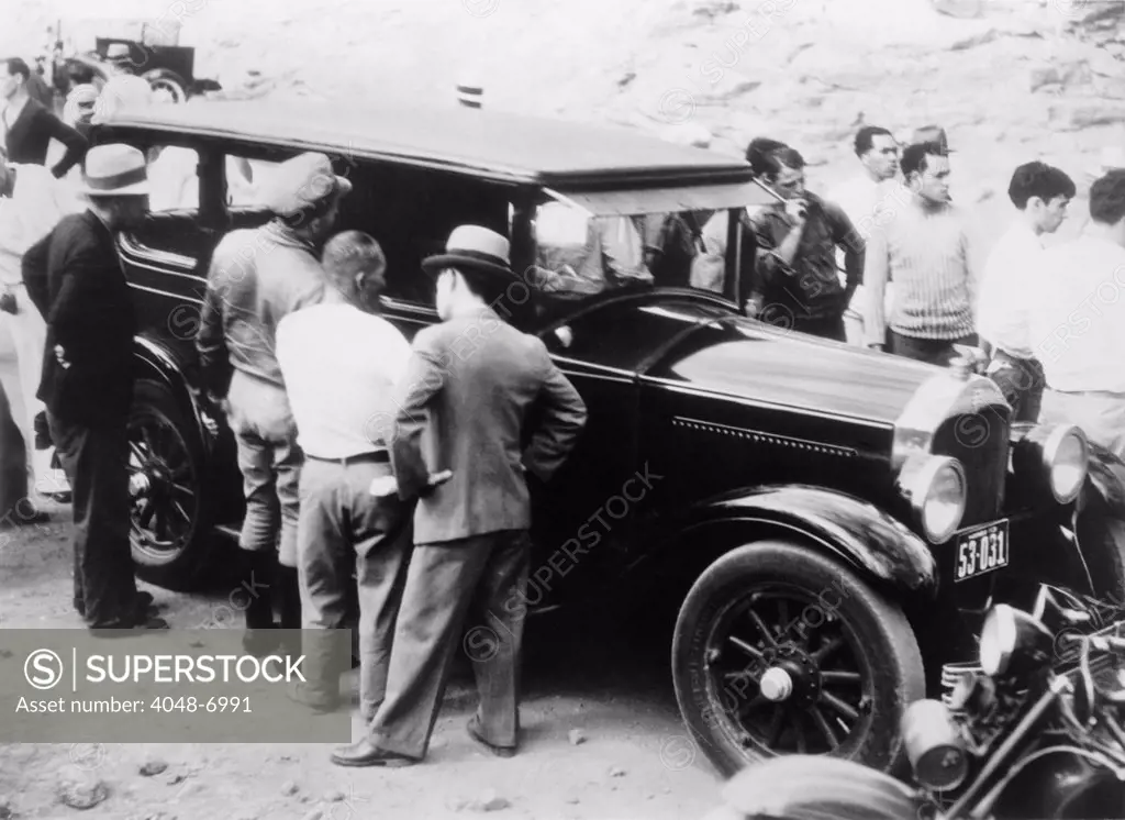 The automobile driven by Mrs. Granville Fortescue at the time of her arrest with Thomas H. Massie and Edmund J. Lord for the murder of Joseph Kahahawai, whose body was found in the car. Kahahawai had been accessed of rape by Thalia Massie, daughter of Fortescue. January 18, 1932.