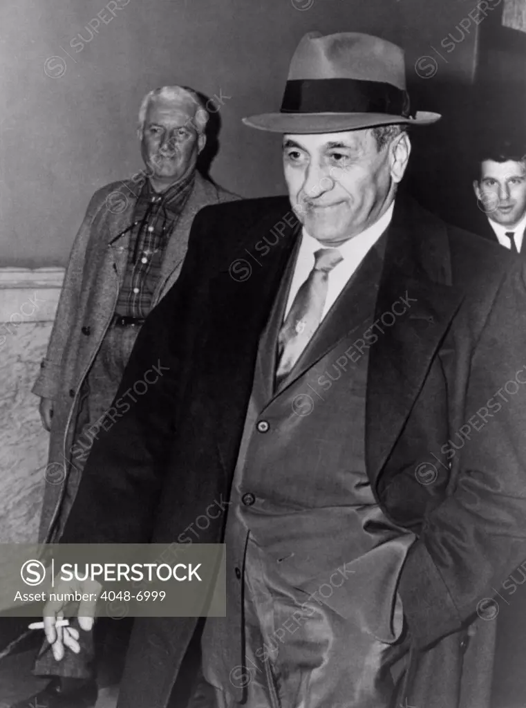 Tony Accardo, successor of Al Capone as boss of the Chicago mob, leaving Federal Building in Chicago after his conviction for tax evasion. In spite of the conviction, Accardo never spent a day in jail. Nov. 11, 1960.