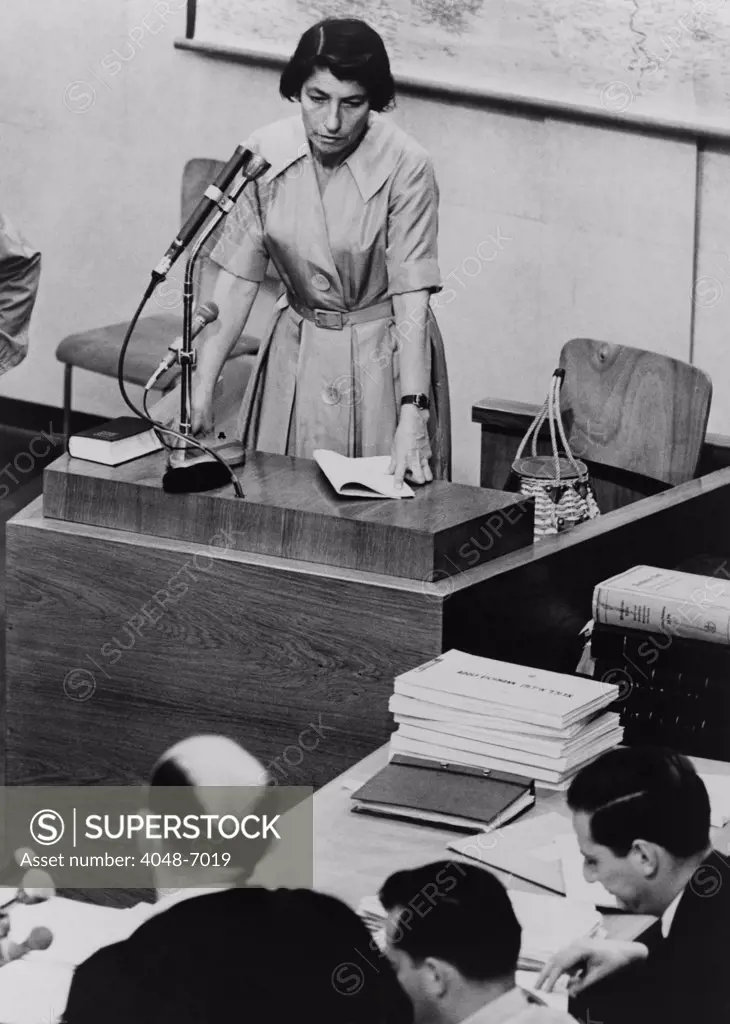 Zivia Lubetkin (1914-1976), testifying at Adolf Eichmann war crimes trial in Jerusalem. She was a leader in the Polish Jewish Resistance during World War II, and fought in the Warsaw Ghetto Uprising. After the war she lead the rehabilitation of Holocaust victims and entered Palestine in 1946.