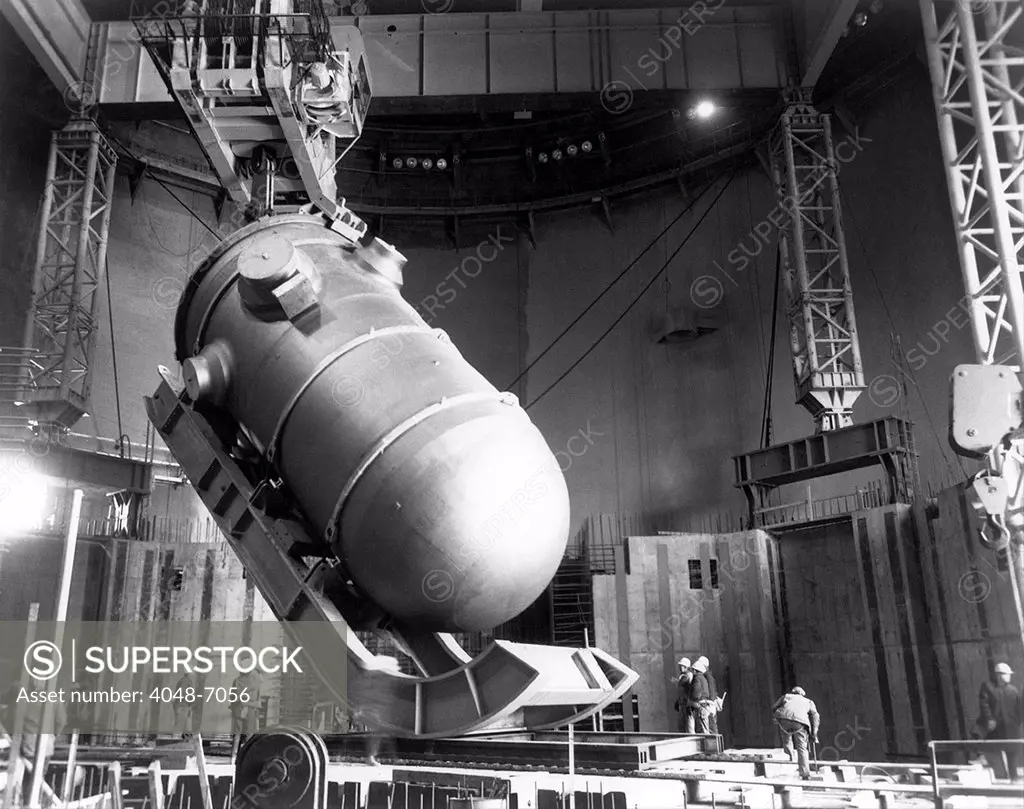 Reactor vessel inside the containment building raised into position at Baltimore Gas and Electric's Calvert Cliffs Nuclear Power Plant. Ca. 1971.