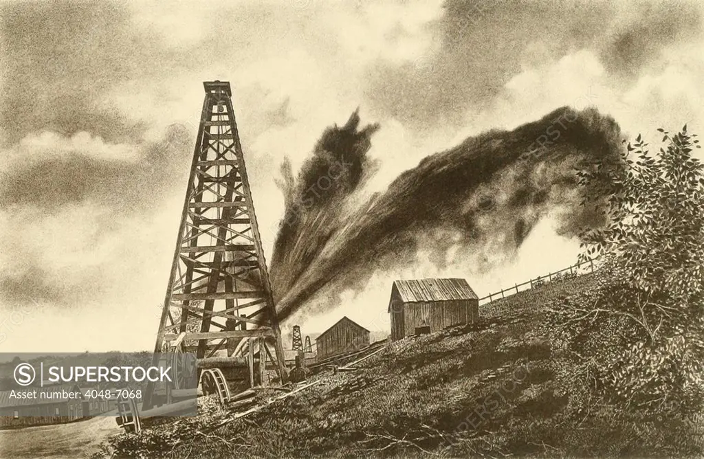 Oil well with a side flowing gusher in the oil region of Pennsylvania, ca. 1880.