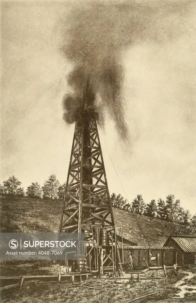 Oil well with a gusher in the oil region of Pennsylvania, ca. 1880.