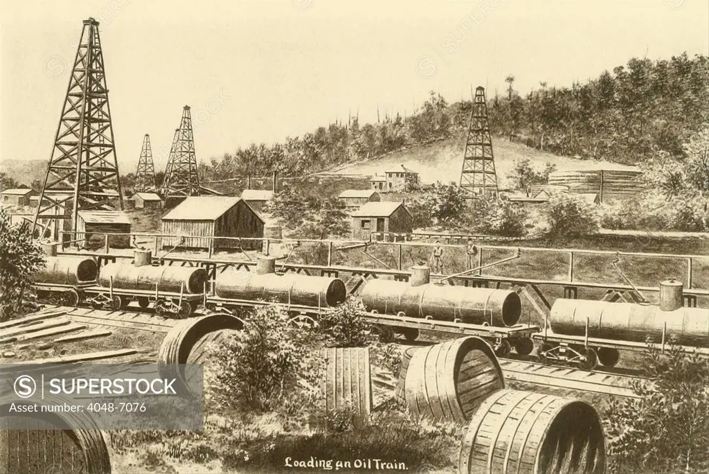 Loading an oil train in the Pennsylvania oil region. Ca. 1880.