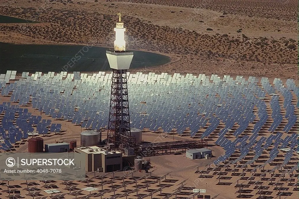 The Solar Two Power Plant used heliostats or motorized mirrors to track the sun and continuously concentrate sunlight onto a receiver near the top of the central tower. The tower was filled with a molten salt mixture that collects and stores thermal energy. Solar Two operated from 1996 to 1999.