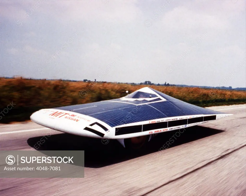 Solar car on the road during the SUNRAYCE 1995 race of experimental solar vehicles from Indianapolis to Golden, Colorado in June 1995. The winning vehicle, entered by Massachusetts Institute of Technology averaged a speed of 37.23 miles per hour.