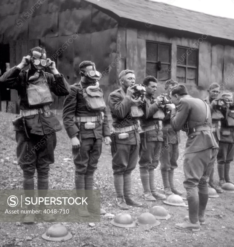 World War I, American soldiers being instructed in the use of gas masks, 1917