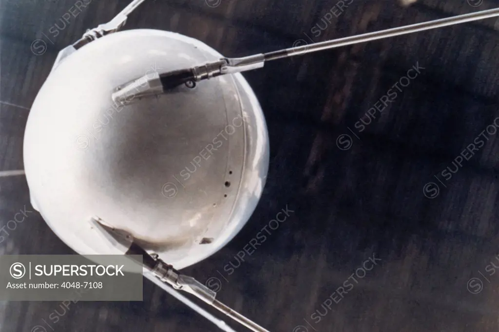 A model of Sputnik 1, the first human-made object in space. The Earth-orbiting artificial satellite was launched by the Soviet Union on October 4, 1957. As part of Russia's contribution to the International Geophysical Year, it provided information on the upper atmosphere. Its signal lasted for 22 and it burned up in the Earth's atmosphere on delivered information Jan, 4, 1957.