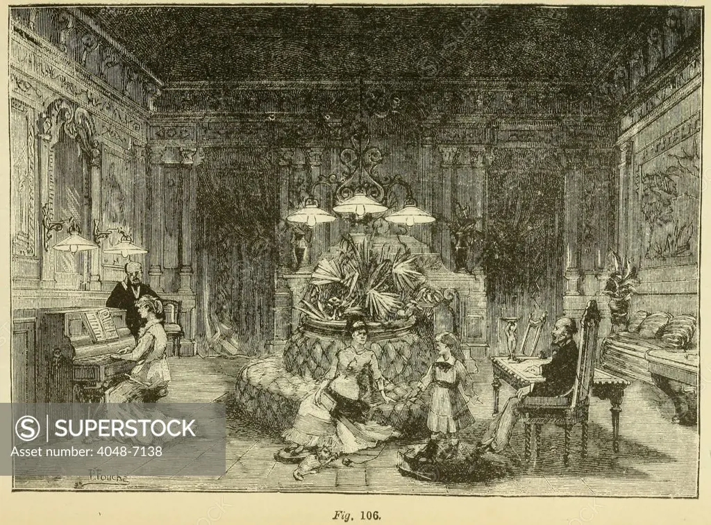 Electric light bulbs in a mansion in the early 1880's were probably powered by a power station in the building's basement. Such as system was devised by Thomas Edison for the Madison Avenue home of financier J.P. Morgan. Illustration from DYNAMO-ELECTRICITY, 1884 by George B. Prescott.