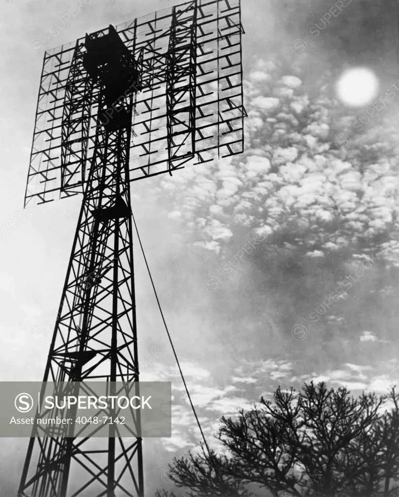 Antenna tower from which the first radar signal aimed at the moon was received back, two and a half seconds after it was sent. The project was lead Radar engineer John H. DeWitt, Director of the Evans Signal Laboratory of the U.S. Army at Belmar, N.J. in 1946.