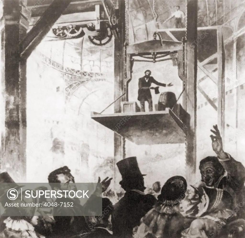 Elisha Graves Otis (1811-1861), demonstrating his patent safety lift at the 1854 New York World's Fair. Above the elevator, a man cut the elevator's only supporting rope with an ax, but the elevator did not fall more than a few inches, because of Otis invention, an elevator brake.