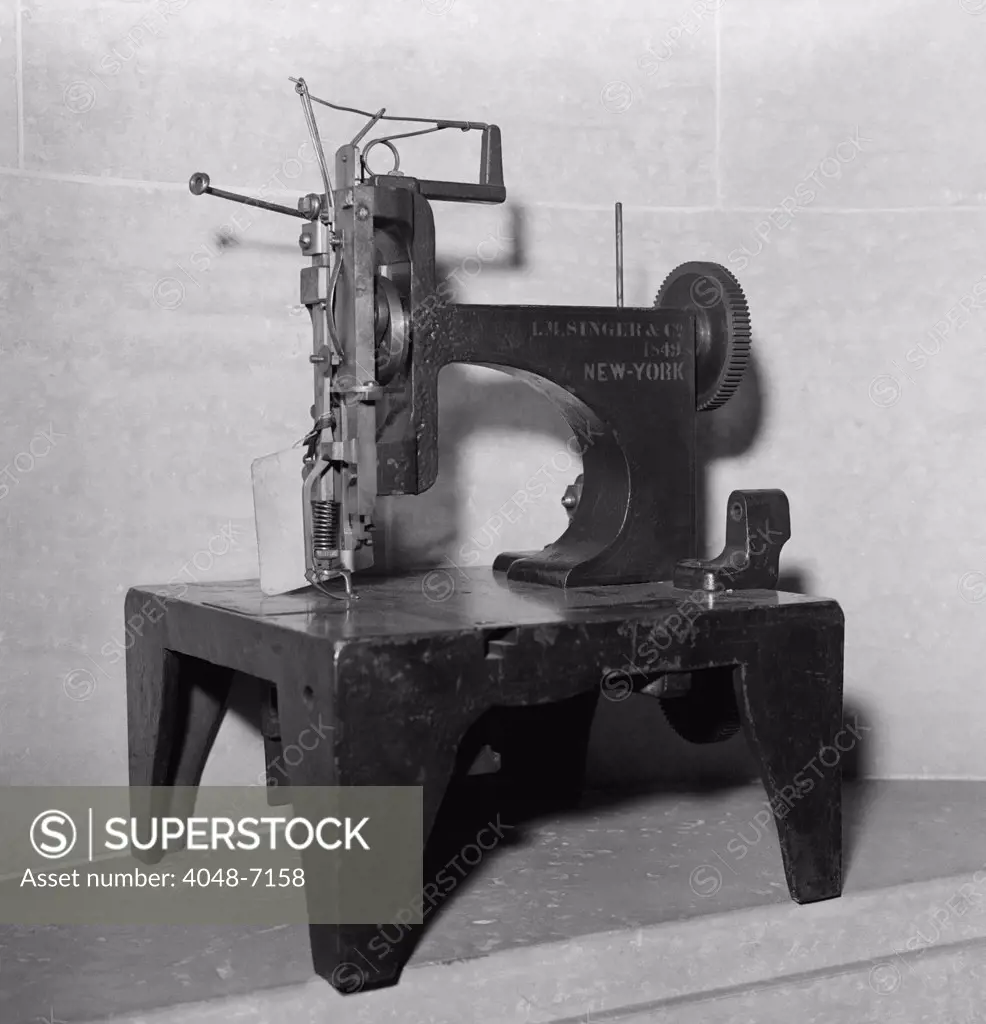 1849 model of the first commercially successful sewing machine. Invented by Issac Singer, it used the lockstitch patented by Elias Howe. Singer built the first sewing machine with verticle needle movement powered by foot treadle rather than a hand crank.