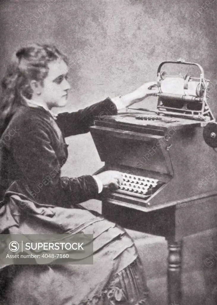 The daughter of inventor Christopher Sholes writing on one of his experimental typewriters in 1872.