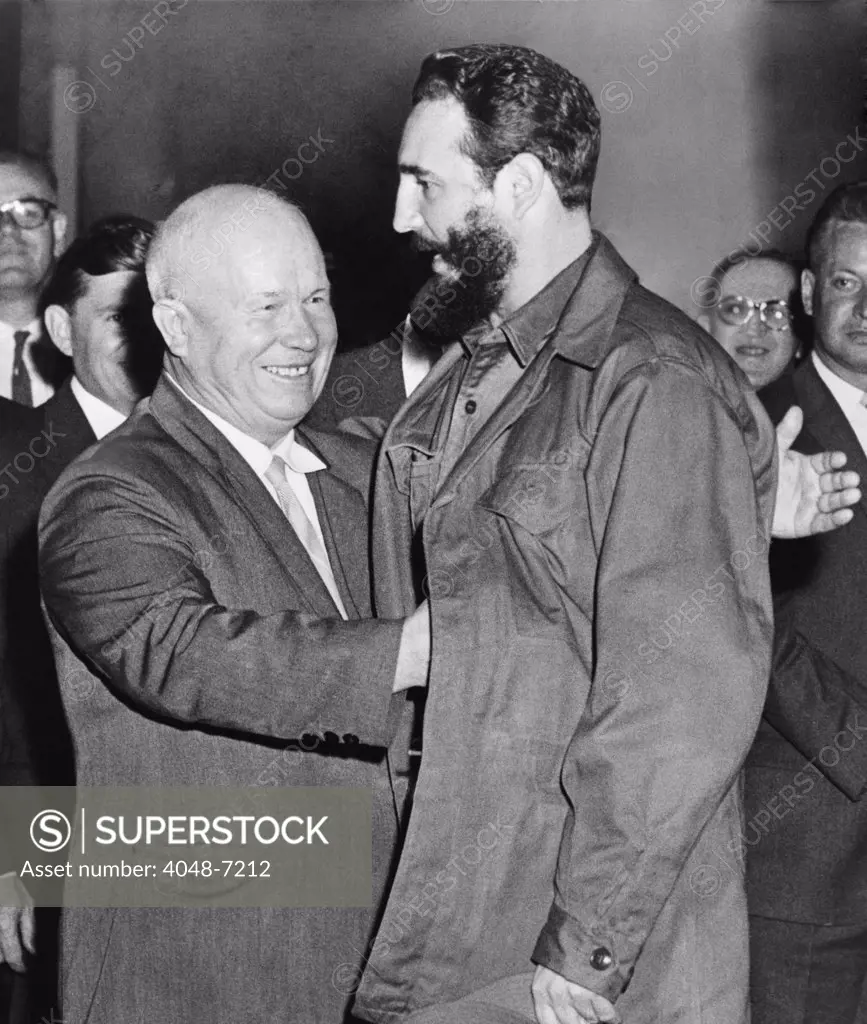 Soviet Premier Nikita Khrushchev greets Cuban President Fidel Castro to the Russian legation in New York City during the yearly session of the UN General Assembly. September 23, 1960.
