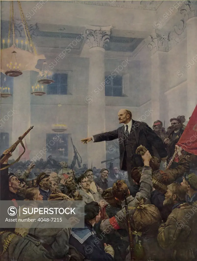 Lenin (1870-1924) declaring power of the Soviets, which was followed by an armed insurrection in St. Petersburg on October 25, 1917. Painting by Vladimir Aleksandrovich Serov.
