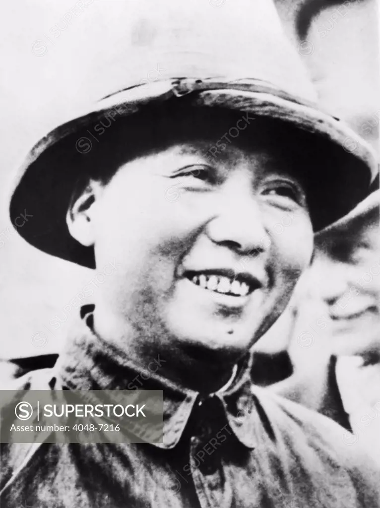 Mao Zedong, leader of Communist faction of the Chinese armed forces shortly after end of World War II. He attended a peace negotiation with his Chiang Kai-shek in Chongqing from August 28, 1945 to Oct 10, 1945, but civil war resumed in 1946, and ended with victory to Mao's Communists in 1949.