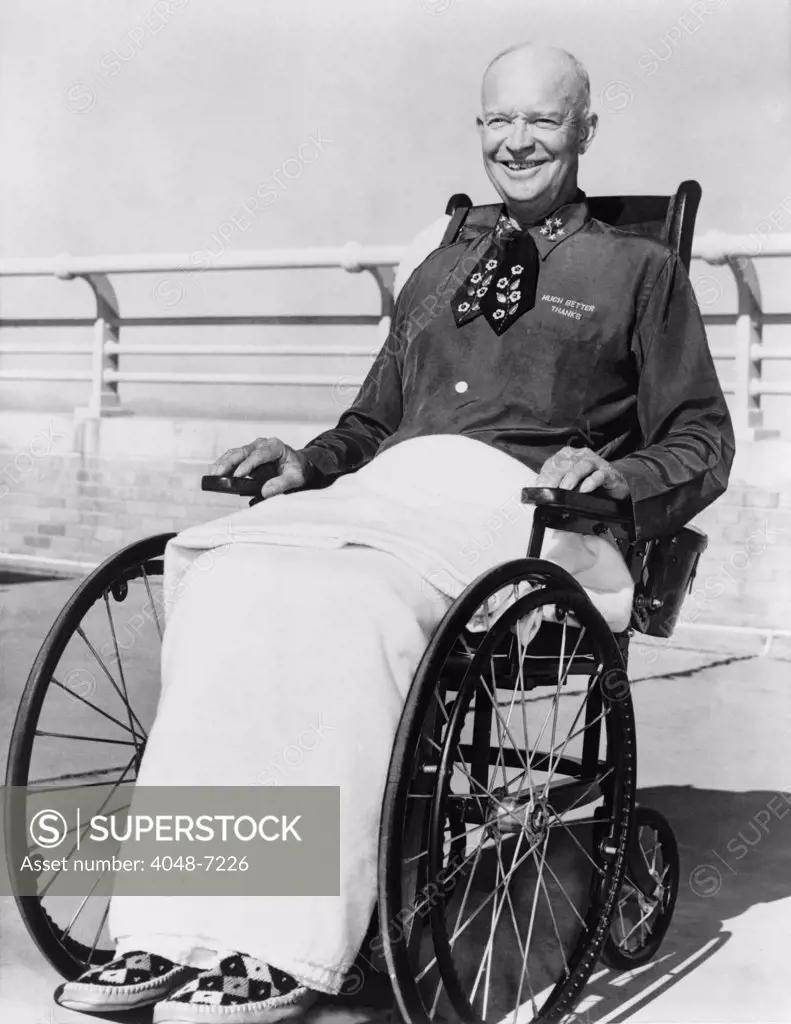 President Dwight D. Eisenhower (1890-1969), in wheelchair at Fitzsimons Army Hospital, Denver, following his serious heart attack on September 24, 1955. Against his doctors' advice, he successfully ran for a second term in 1956.