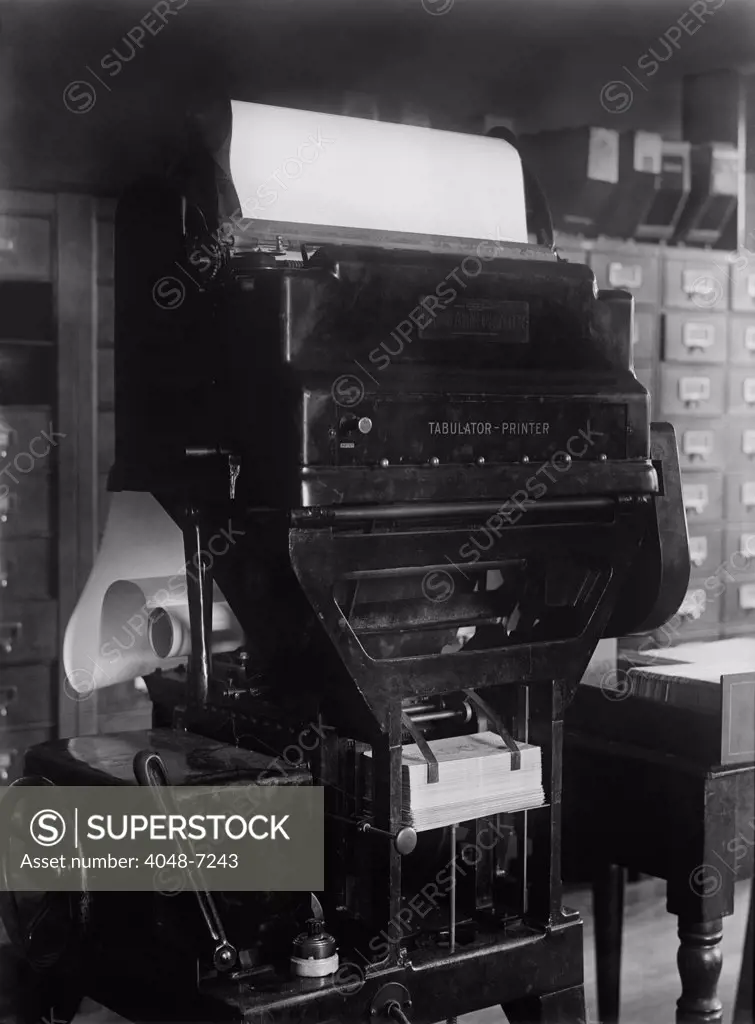 Tabulator-Printer used by the U.S. Navy Department in 1917. It was a predecessor of electronic computers, and worked by mechanically reading punch cards with coded information and printed out readable information.