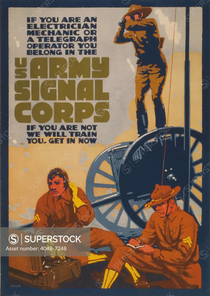 World War I recruiting poster for electricians, mechanics and telegraph operators. U.S. Army Signal Corps poster shows three soldiers using various methods of communication. 1917.