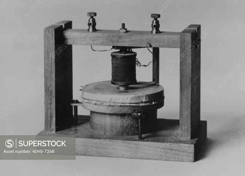 Voice sounds were transmitted for the first time on June 3, 1875 over this instrument invented by Alexander Graham Bell and Thomas Watson. The diaphragm was made of tightly stretched animal membrane, and powered with batteries it transmitted sounds over a telegraph wire. It is called the Gallows Phone because of its resemblance to a gallows.