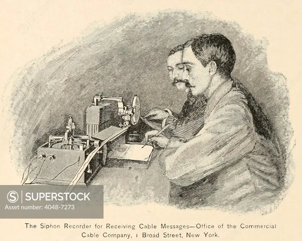 Men working at a Siphon recorder for receiving cable messagesin the Office of the Commercial Cable Company, at Broad Street, New York. It automatically recorded the telegraph message as a wiggling ink line on a roll of paper tape, for a trained reader to de-code into readable text.