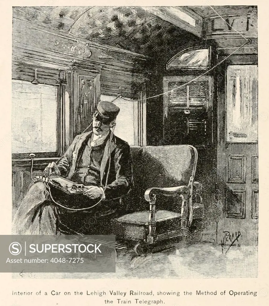Railways immediately collaborated with telegraphy to organize their rolling stock, prevent delays and accidents. Telegraph lines followed the path of the railroad tracks because they had already established right of way. Image shows a telegrapher in a moving car on the Lehigh Valley Railroad. Ca. 1870.