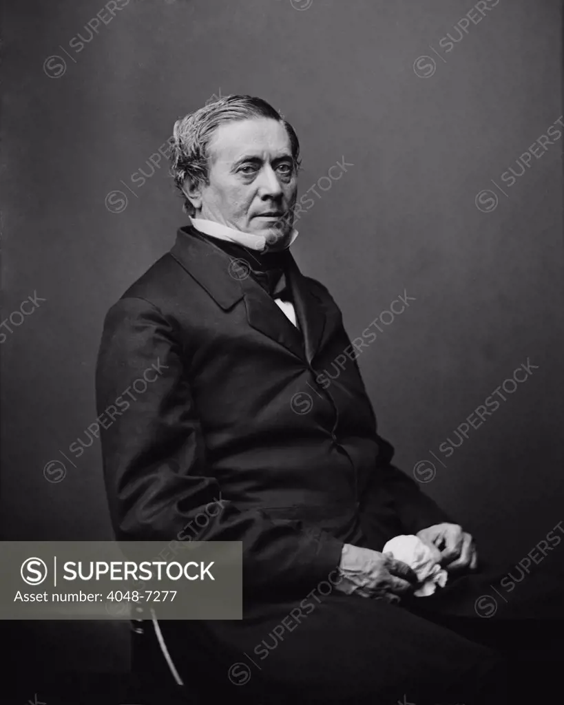 Joseph Henry (1797-1878), American physical scientist whose work on the electromagnetic relay was the basis of the electrical telegraph, invented separately in the 1830's by American, Samuel Morse, and British, Charles Wheatstone. 1860s portrait.