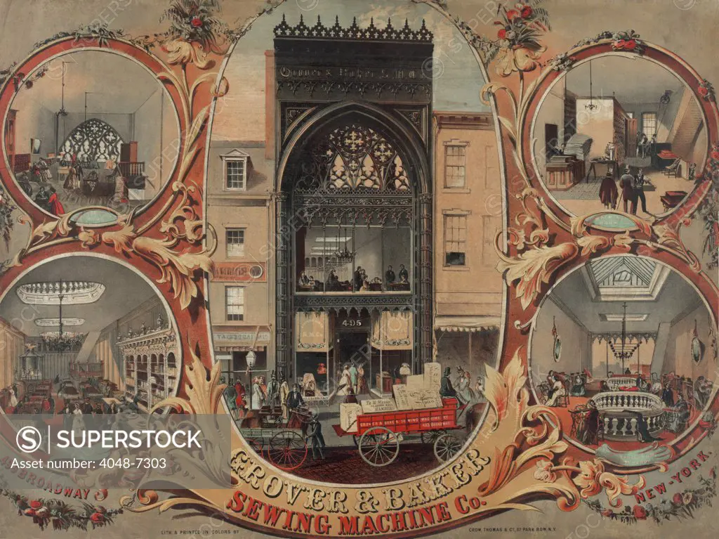 Shoppers at the Grover & Banker Sewing Machine Company store in New York City. Patented in the 1840s, sewing machines were mass produced in the 1850s. Grover and Baker belonged to the Sewing Machine Combination, formed in 1856, consisting of Singer, Howe, Wheeler & Wilson, who combined their patents and licensed them to other manufacturers for $15 per sewing machine.
