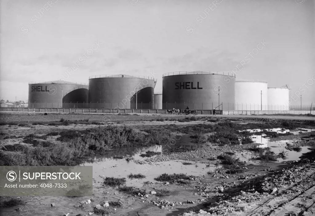 'Shell' oil tanks near Haifa, Palestine. Ca. 1934-39.