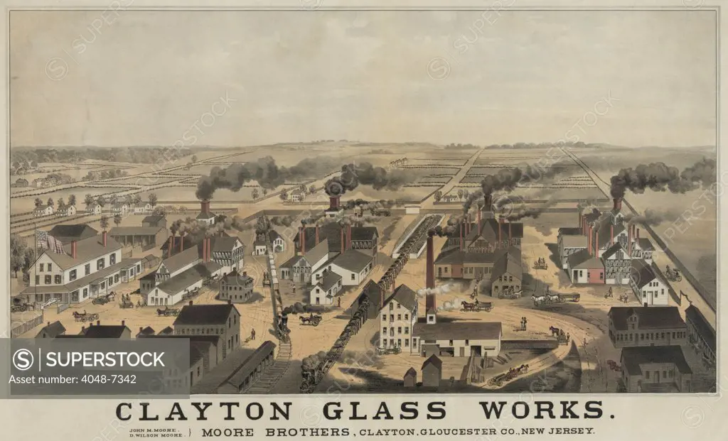 Clayton Glass Works was one of the largest glass manufacturers in the U.S. in the 1860s. The southern New Jersey complex contained four large glass factories producing all sorts of bottles. Within this large area there was supporting shops and railroad tracks.