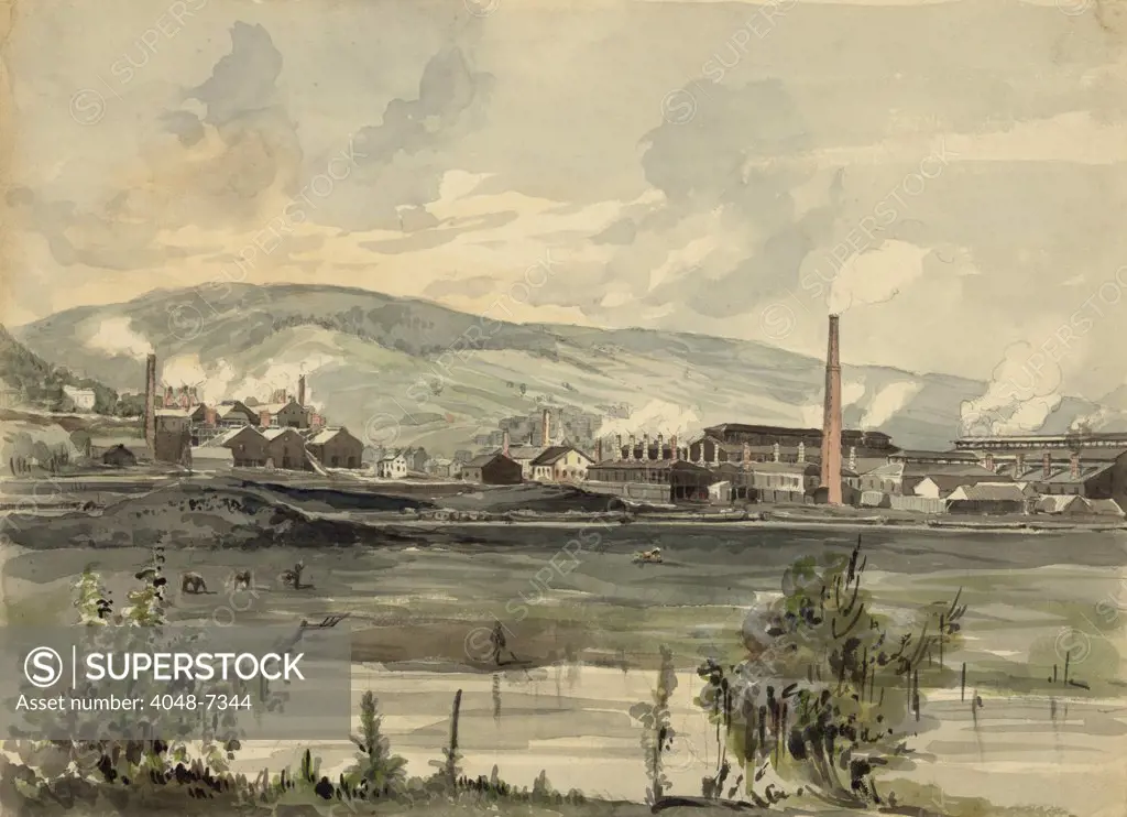 Factory on a river in Pennsylvania. 1857 watercolor by James Fuller Queen.
