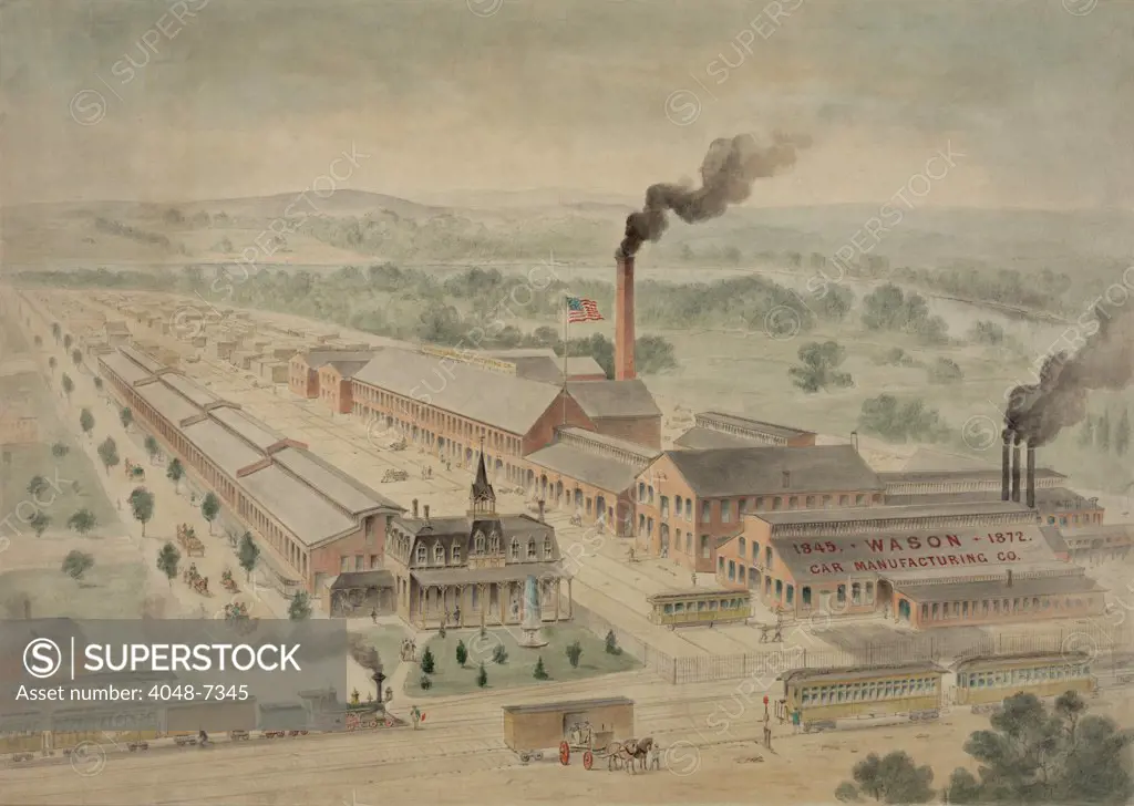 Bird's-eye view of the Wason railroad car manufacturing company facilities at Springfield, Massachusetts, with the Connecticut River in the background. 1872.