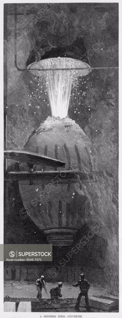 A Bessemer steel converter removed impurities from iron by oxidation (burning) with high-pressure air being blown through the molten iron. The sparks flying from the crucible are the oxidized impurities, such as silicon, manganese, and carbon. 1889.