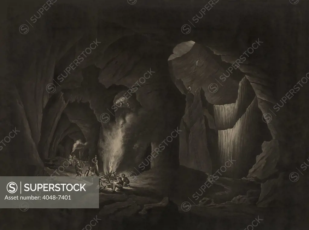 The Great Mine of Copper of Fahlun in Dalecarlia, Stockholm, was worked for over a thousand years. 1802 mezzotint published by Colnayhi & Co. from drawing by P. Vanderberghe.