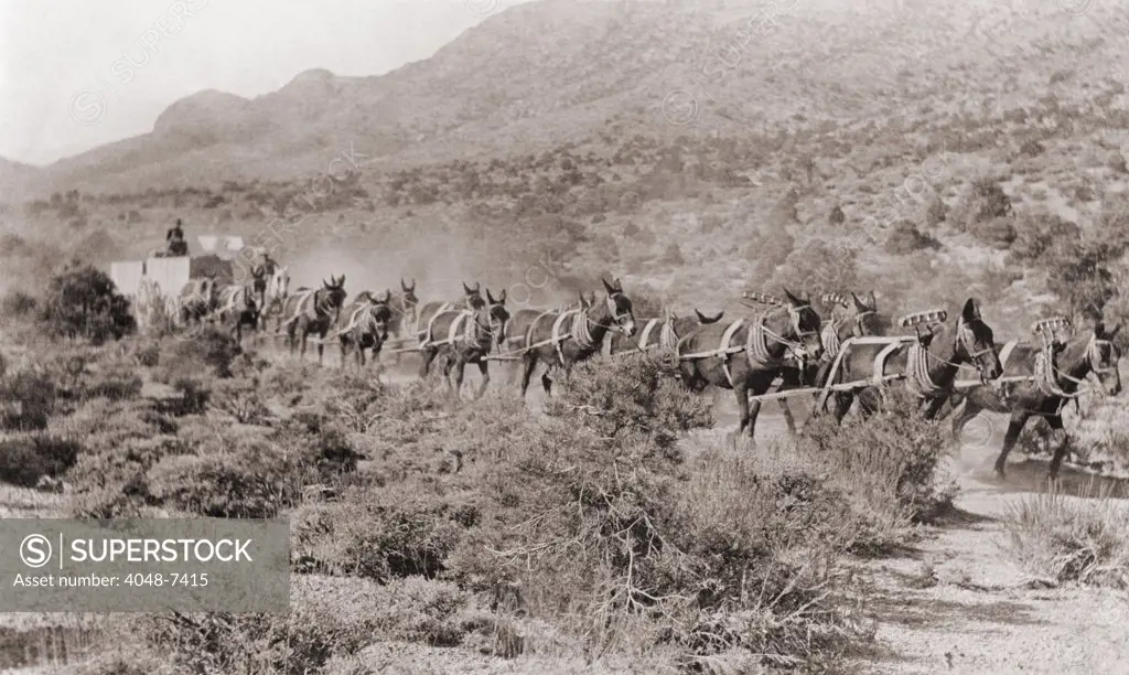 Hauling ore by wagons with a fourteen mule team from Potosi mine, Nevada. The Potosi mine, named after the famous Bolivian silver mountain, produced lead, silver and zinc from its discovery  in 1856 by Mormon settlers into the 1900s. Photo taken between 1880 and 1910.