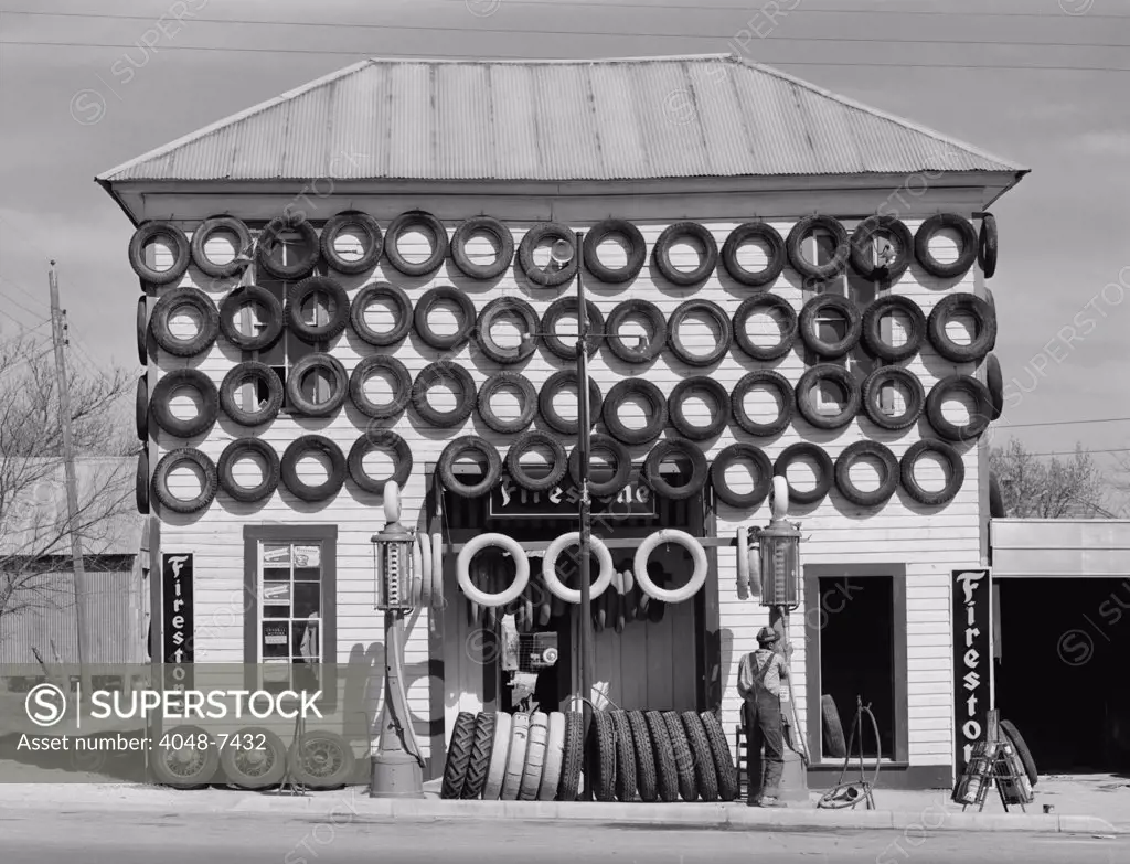 Secondhand tires displayed for sale at San Marcos, Texas. 1940 photograph by Russell Lee.