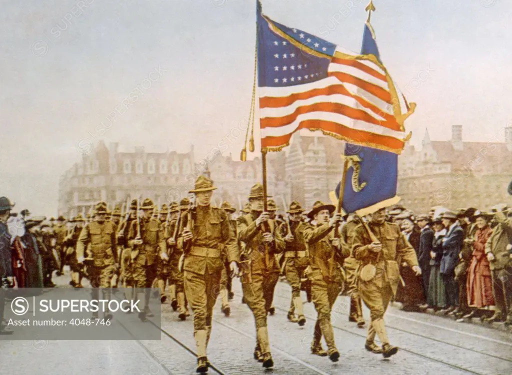 World War I, American troops marching in London, 1917