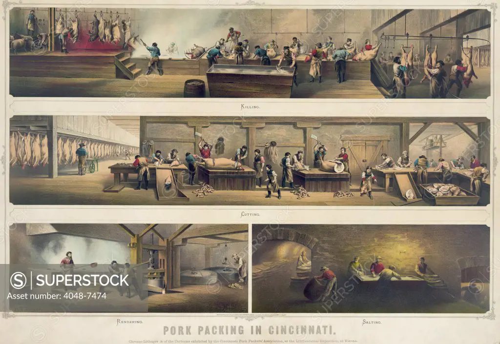 Four scenes in a pork packing house: Killing, Cutting, Rendering, and Salting are depicted in a poster of the Cincinnati Pork Packers' Association, 1873.