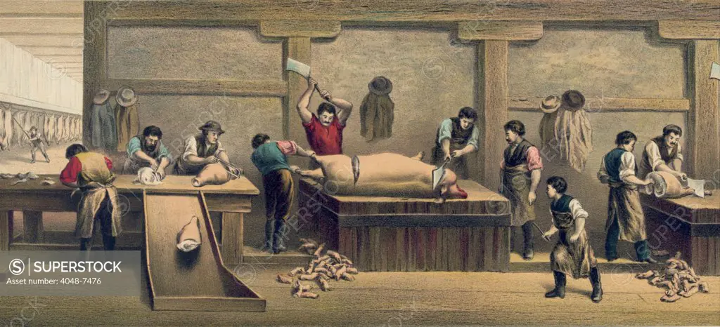Pork packing house in Cincinnati, Ohio, 1873. Scene shows butchering of hogs, cutting them into hams, and removing the feet and heads. Meat is sent for further processing on shoots to the factory floor below. Poster of the Cincinnati Pork Packers' Association, 1873.
