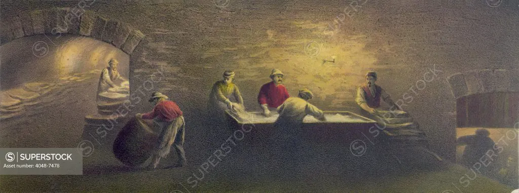 Pork packing house in Cincinnati, Ohio, 1873. Scene shows packing hams in salt to cure them for preservation without refrigeration. Poster of the Cincinnati Pork Packers' Association, 1873.