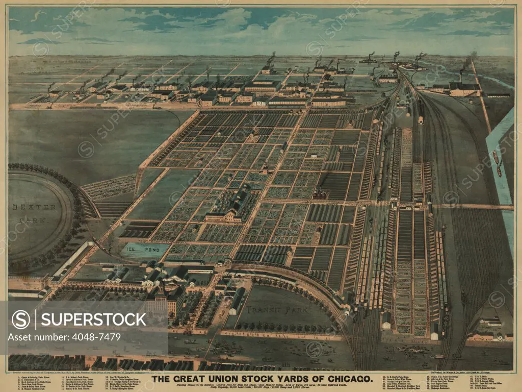 The Great Union Stock Yards of Chicago incorporated space for over 200,000 live animals, to be processed through slaughter houses, meat processing, and for derivative products. The yard was laced with 50 miles of railroad tracks to receive the animals and transport the processed meat to distant markets. 1878.